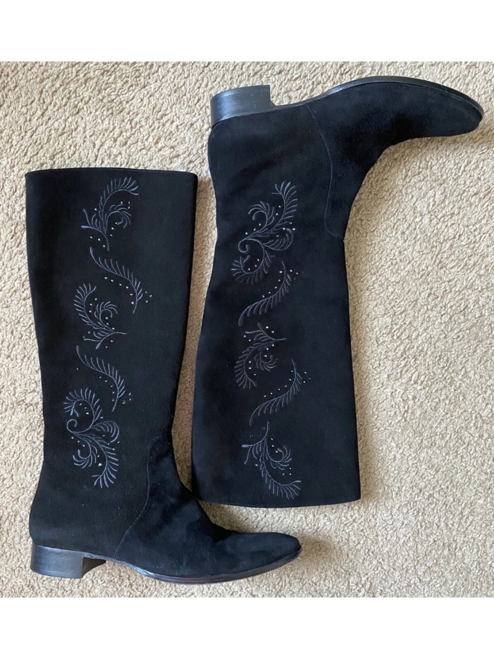 Women’s Balenciaga Embroidered Suede Boots 1 Inch Heel Size 36 Us 6 Black